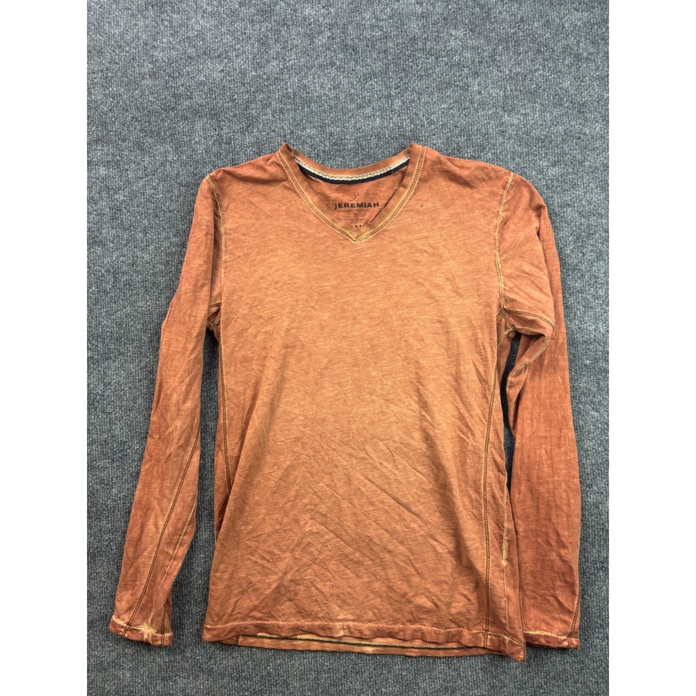 Jeremiah Long Sleeve T-Shirt Mens Small Orange V-Neck Mineral Wash Cotton